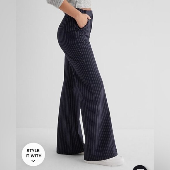 NWOT Express Navy Pinstripe Editor High Waisted Flare Trousers Pants 14L - Picture 2 of 8